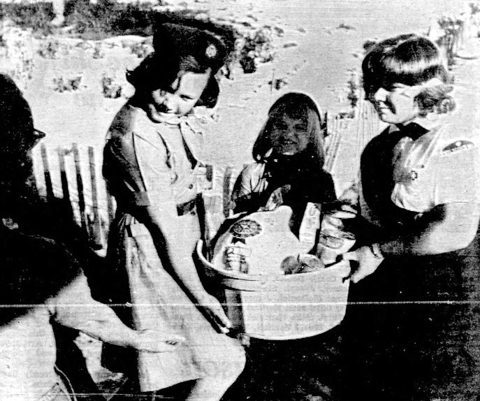 Three girl scouts deliver a turkey dinner.