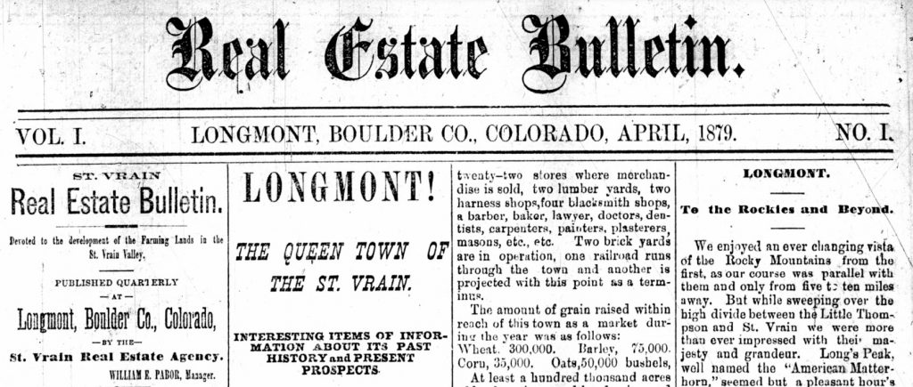 Black and white image of a newspaper banner and part of first page of the April 1879 first issue of the Real Estate Bulletin.