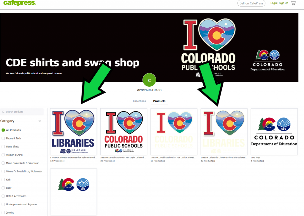 Shop with two green arrows pointed over the libraries items