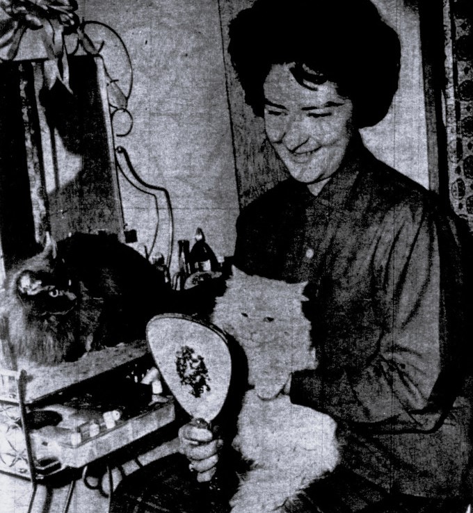 A woman holds up a mirror to a cat while a second cat looks on.